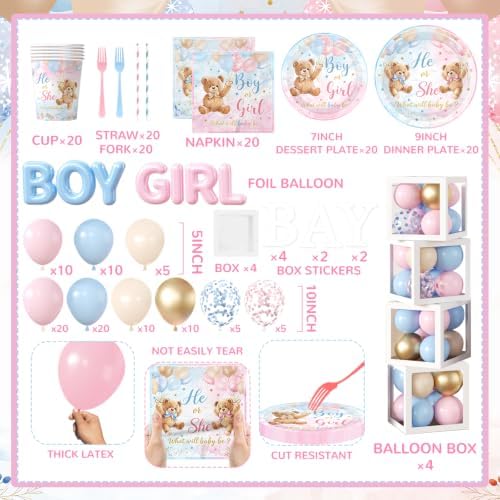 Bear Gender Reveal Decorations All-in-1 He or She Gender Reveal Decorations with Pink Blue Balloon Arch Baby Boxes Tableware Cake Toppers Tablecloth Backdrop Boy or Girl Bear Theme Party Supplies - Image 4
