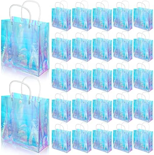 Sherr 25 Pcs Clear Holographic Small Gift Bag Iridescent Reusable PVC Plastic Gift Wrap Tote Bag for Shopping Wedding Birthday Baby Shower Party Favor, 7.87" x 7.87" x 3.15" by Sherr