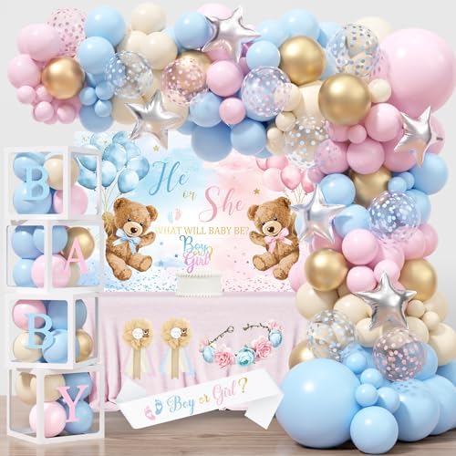 Bear Gender Reveal Decorations, He or She Baby Gender Reveal Party Decoration, Boy or Girl Bear Theme Party Supplies, Backdrop BABY-Box Tablecloth Mom to Be Sash Dad to Be Pin Balloon Arch by BSMIEFUS