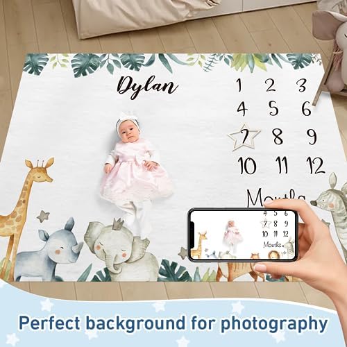Personalized Baby Milestone Blanket for Boys Girls Baby Month Blanket- First Year Calendar Monthly Growth Chart - Animal Print Halloween Birthday Gifts for Infant Todder(FixedSize) - Image 2
