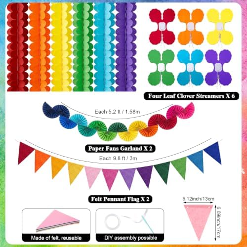 TaoBary Rainbow Party Decorations, 6 Roll Crepe Streamers 600 Paper Chain Garland Strips 4 Star Hanging 2 Felt Pennant Flag 2 Paper Fans Garland 6 Four Leaf Clover Streamers for Birthday Party - Image 6