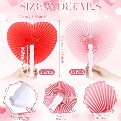Blulu 60 Pack Wedding Heart Folding Hand Fans Decor Bulk, Red Pink - Image 2