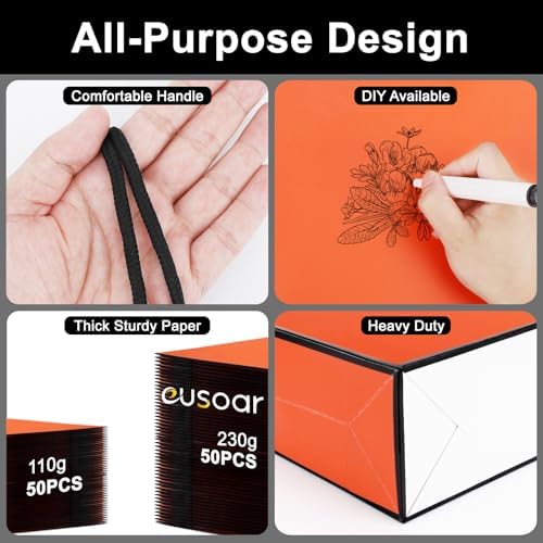 EUSOAR Orange Gift Bags, 50pcs 12.5"x4.5"x11" Paper Shopping Gift Bags with Cloth Handle, Gift Wrap Treat Thank You Bags Bulk for Wedding Party Favors Grocery Baby Shower Birthday - Image 3