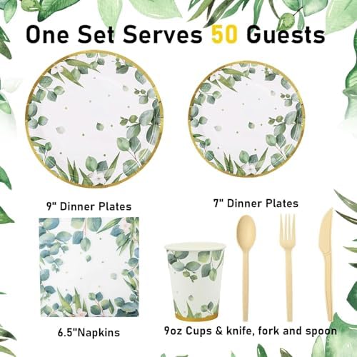 350 Pcs Sage Green Party Plates and Cups Sets,Disposable Paper Dinnerware - Image 2