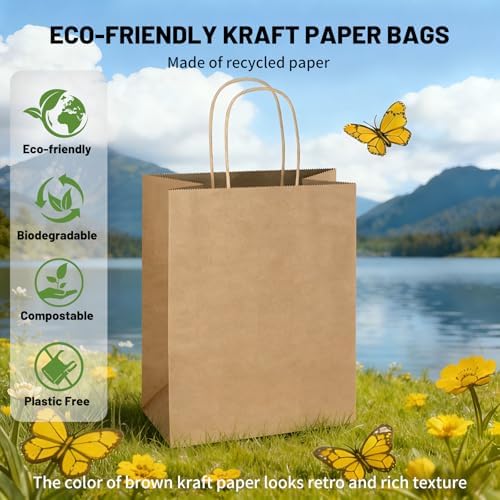 Mlyta 200 Pack 8x4.75x10 Inch Plain Medium Brown Kraft Paper Gift Bags with Handles Bulk for Goodie, Party Favor Brithday Grocery Shopping, Business Wedding Retail Craft Treat To Go, Merchandise Sacks - Image 6