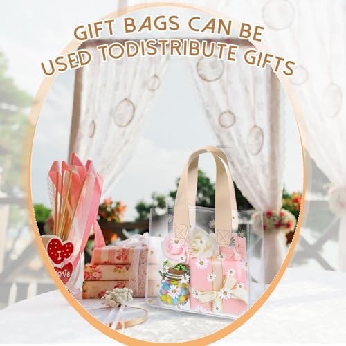 Clysee 24 Pcs Clear Gift Bags Daisy Pattern Transparent PVC Tote,Beige - Image 5