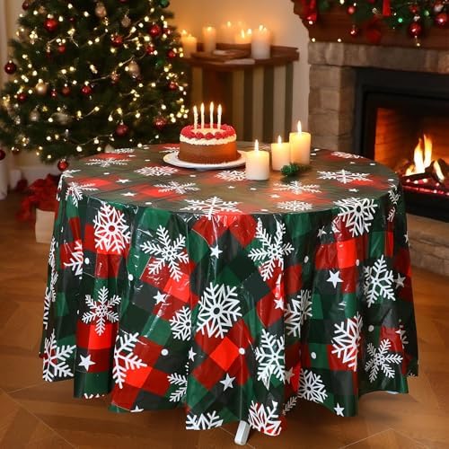 Ganeen 12 Pcs Christmas Snowflake Round Tablecloth 84" Red White Plastic - Image 3