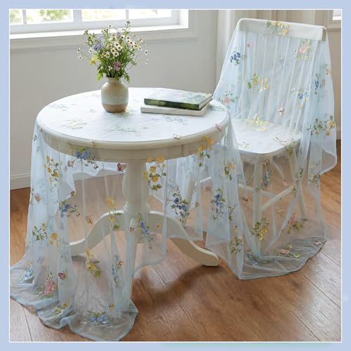 Lounsweer 3 Pcs Blue Wildflower Table Runner 10ft Embroidery Tulle - Image 2