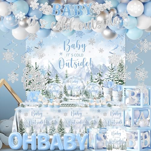Winter Baby Shower Decorations, Blue Baby It's Cold Outside Decor with Plates Napkins Tablecloth Balloon Cake Topper, Winter Wonderland Baby Shower Party Supplies for Boy - Image 4