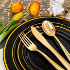bUCLA 150 Pieces Black and Gold Disposable Dinnerware Set - 25 Guests Black Gold Plastic Plates Include 25 Dinner & 25 Dessert Plates, 25 Spoons, 25 Forks, 25 Knives, 25 Cups for Party & Graduation - Image 5
