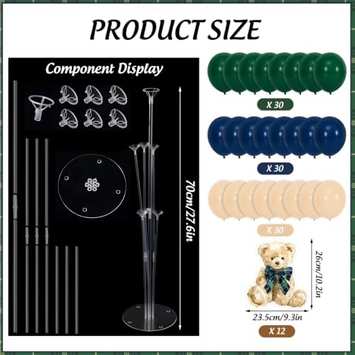 Whaline 12 Sets Bear Balloon Stand Kit for Table Centerpiece Baby Shower Party Decoration 90Pcs Green Blue Beige Latex Balloon Stick Holder with Base for Birthday Gender Reveal - Image 3