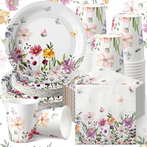 Hsei 250 Pcs Spring Wildflower Floral Paper Plates Napkins Cups Serve 50 by Hsei
