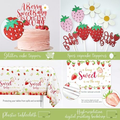 Strawberry Baby Shower Decorations Party Supplies, A Berry Sweet Baby Is On The Way Decor, It's a Girl Gender Reveal, Baby Shower Backdrop Balloon Arch Box Mom to Be Sash Tablecloths Cake Topper - Image 6