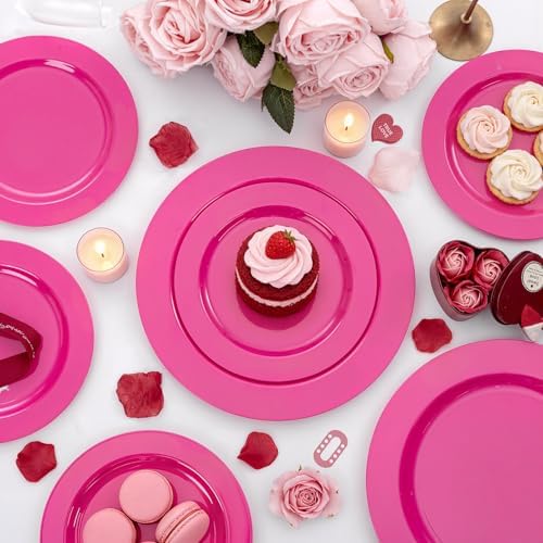 FLOWERCAT 60PCS Hot Pink Disposable Party Plates Set – 30 pcs 10.25″ Dinner Plates & 30 pcs 7.5″ Dessert Plates for Spring Parties, Valentine’s Day, Wedding – Sturdy & Stylish Tableware - Image 6