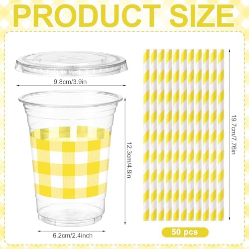 Sliner 50 Sets 16oz Yellow White Gingham Party Plastic Cups - Image 3