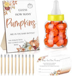 Seenelling 152 Pcs Fall Baby Shower Games Guess How Many Pumpkins Game Stand Sign 100 Pumpkins Guessing Cards 20 Pencils 1 Large Baby Bottle 30 Pumpkins for Guests Gender Reveal Party Game Decorations by QianRuu