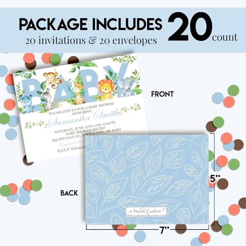 Custom Baby Shower Invites Blue Watercolor Jungle Invitations 20 5x7 Personalized Watercolor Safari Jungle Invitations With Envelopes - Unique Boy Watercolor Safari Jungle Baby Shower Cards - Image 4