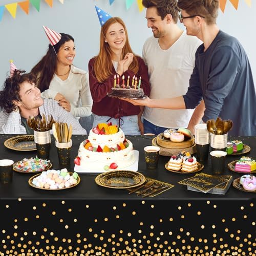 352 Pcs Black and Gold Party Dinnerware Set for 50 Guests Golden Dot Paper Plates Cups Napkins Plastic Tablecloths Forks Knives Spoons Black Gold Disposable Party Supplies for Birthday Decorations - Image 5