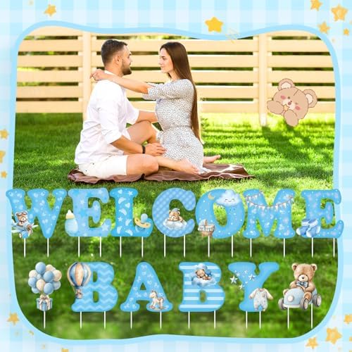 Chumia 13 Pcs Welcome Baby Yard Signs Baby Shower Yard Sign with Stakes, 15 Inch Tall Girl Boy Lawn Sign Gender Reveal Outdoor Decoration Welcome Newborn Announcement for Party Decorations(Blue) - Image 6