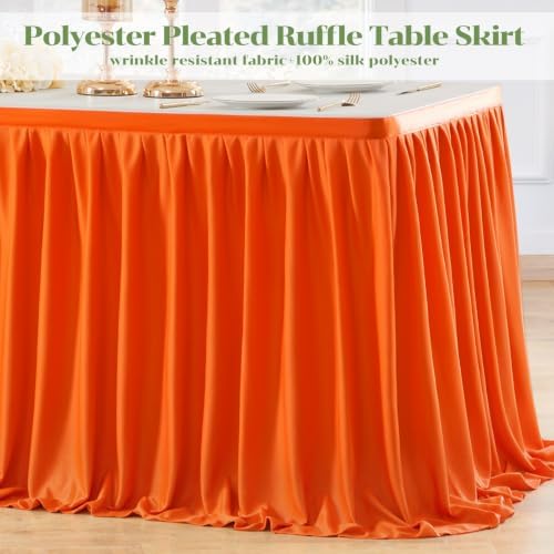 Partisky Orange Polyester Table Skirt for Rectangle Tables 14ft, Wrinkle Resistant Pleated Ruffle Table Cloth for Wedding Baby Shower - Image 3
