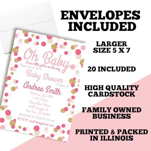 Amanda Creation Custom Baby Shower Invites Pink and Gold Polka Dot Baby Shower Invitation 20 5x7 Personalized Invites With Envelopes - Image 6