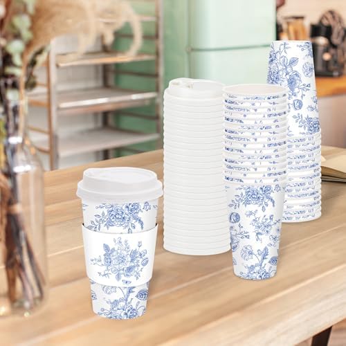 FYSUIMU 50Pcs 16Oz Blue Floral Disposable Coffee Cups with Lids and Sleeves Blue White Chinoiserie Flower Paper Drinking Cup for Wedding Birthday Baby Shower Party Supplies - Image 5