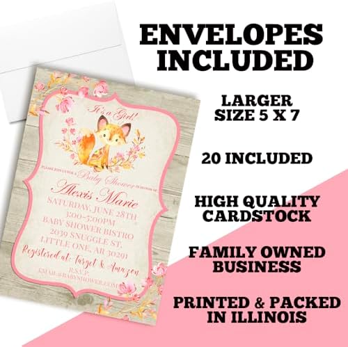 Custom Baby Shower Invites Pink Watercolor Little Fox Invitations 20 5x7 Personalized Watercolor Fox Invites With Envelopes - Unique Girl Watercolor Fox Baby Shower Cards - Image 6