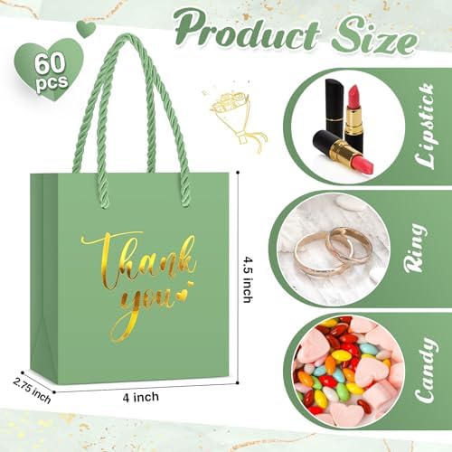Honoson 60 Pcs Mini Thank You Gift Bag with Handle Bulk,Light Green - Image 3