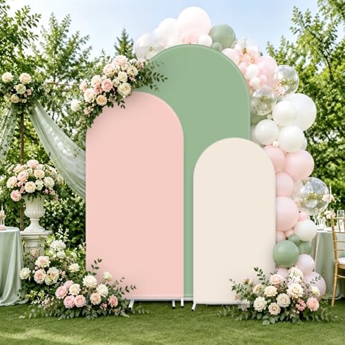 FYSUIMU 3 Pcs Pastel Arch Backdrop Covers Pink Sage Green Cream Stretchy Spandex Arch Stand Fabric Cover for Wedding Baby Bridal Shower Birthday Party Photo Booth Decoration (4ft/5ft/6ft) - Image 4