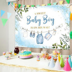 10x8ft Baby Shower Backdrop for Boy, A Sweet Baby Boy is On His Way Banner, Blue Greenery Baby Shower Decorations for Gender Reveal Party, Newborn Photo Background Photography Decor - Image 2