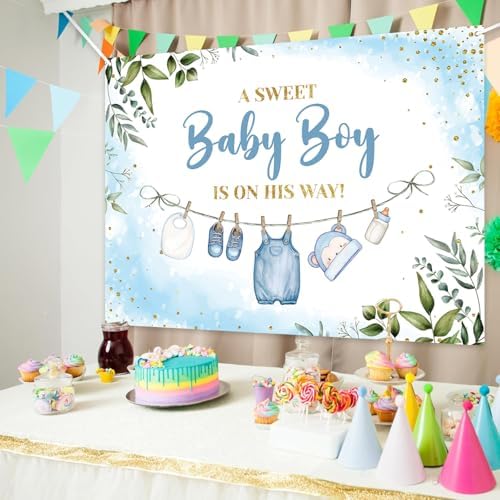 10x8ft Baby Shower Backdrop for Boy, A Sweet Baby Boy is On His Way Banner, Blue Greenery Baby Shower Decorations for Gender Reveal Party, Newborn Photo Background Photography Decor - Image 2