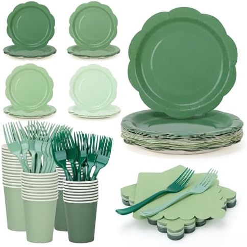 192Pcs Green Plates and Napkins Party Supplies, 9’’Disposable Green Paper Plate, Gradient Green Party Decorations Tableware Set for Birthday, Baby Shower, St Patricks, Wedding, Serves 48 by CENLBJ