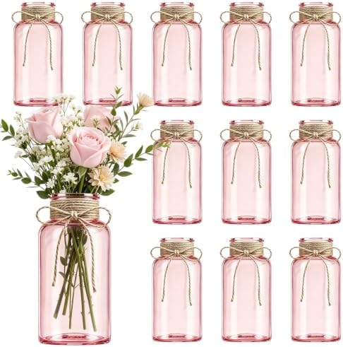 Mason Jar Glass Vases 12 Pack, Pink Flower Vase for Centerpieces by Unknown