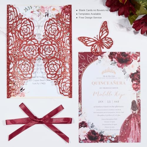 Burgundy Wedding Invitation Laser Cut Invitation Sleeve Personalized Cards - Image 4