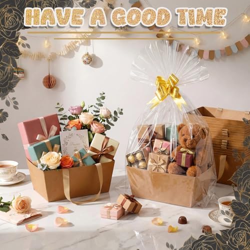 Funnymoom 24 Pcs Wedding Basket for Gifts Empty Brown Gift Basket Empty to Fill with Handle, Transparent Bag and Bow for Wedding Party Favor Supplies, 9.8 x 6.5 x 4.3'' - Image 2