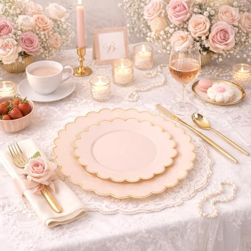LIYH 60 Pcs Pink Plastic Plates with Gold Rim for Bridal Shower & Party - Image 4