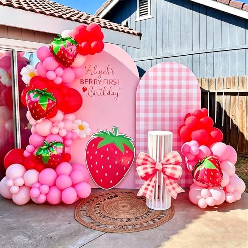 Strawberry Theme Arched Fabric Backdrop Covers Photography Background Pink Plaid Arch Stand Stretchy Covers for Kids ONE Birthday Baby Shower Party Decor Props (4.6x8FT Only Cover) - Image 6