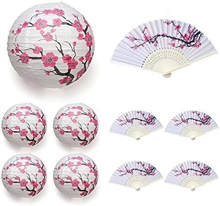 LYART 5Pcs Chinese Japanese Cherry Design Paper Lamp for Shade and 17Pcs Silk Folding Hand Fan for Church Wedding Gift Party Favors DIY Decoration - Image 3