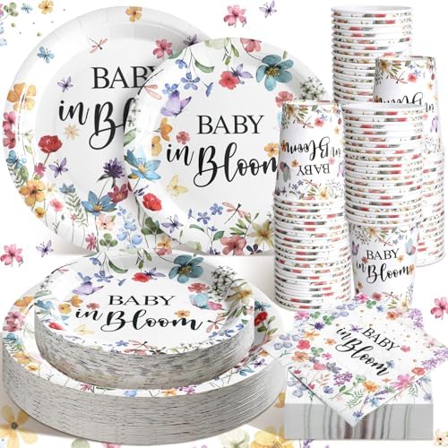 Hsei 250 Pcs Baby in Bloom Baby Shower Decorations Wildflower Plates and Napkins Set Floral Party Tableware Set for 50 Guests Floral Disposable Plates Napkins Cups for Birthday Party Supplies by Hsei