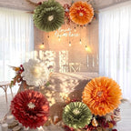 Giegxin 6 Pcs 31.5" 24" Giant Fall Paper Flowers Orange Sage Green Pom Poms - Image 5
