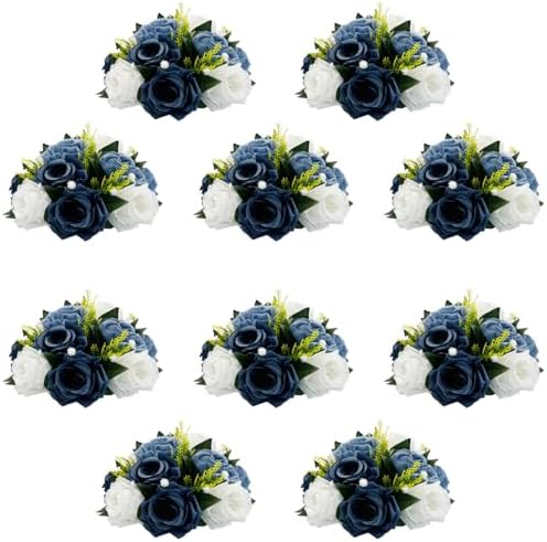 10Pcs Artificial Rose Balls for Centerpieces (Dusty Blue & White) by QUTUNI