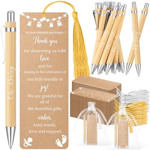 Gilprop 50 Sets Kraft Brown Baby Shower Favors for Guests Includes 50 Baby Shower Ballpoint Pens 50 Thank You Bookmarks with Organza Bags for Gender Reveal Gifts Guest Prizes by Gilprop