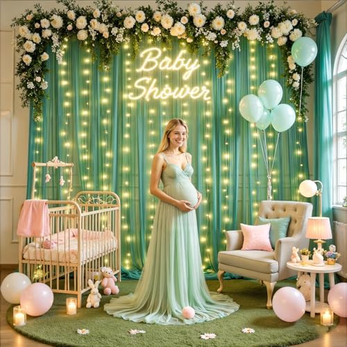 10ft x 10ft Hunter Green Tulle Photo Backdrop Curtain with Lights String for Christmas Party Sheer Curtain Backdrop Drapes for Birthday Party Holiday Wedding Photo Booth Background Room Decorations - Image 3