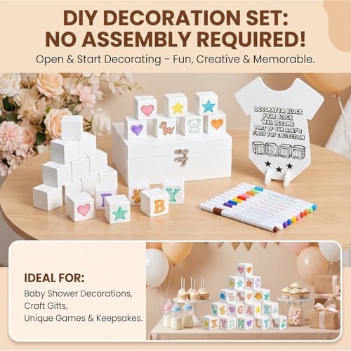 62 Pcs Baby Shower Blocks to Decorate Game Kit, 48 Blank White Wooden Blocks, 12 Markers, 1 Bodysuit-shaped Instruction Sign, 1 Box, Baby Shower Gender Reveal Activities for Guests - Image 3
