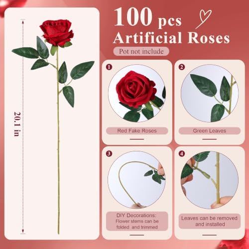100 PCS Red Roses Artificial Flowers, Fake Roses with Stems Realistic Silk Roses for DIY Wedding Bouquets Tables Centerpieces Arrangements Baby Shower Birthday Home Decor Valentine's Day Gift for Her - Image 5