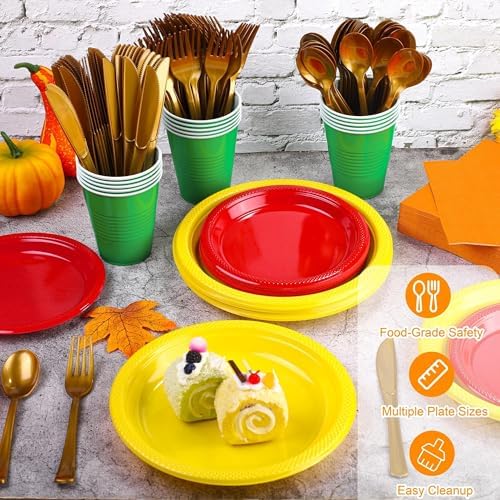 Aodaer 200 Pieces Colorful Dinnerware Set, Disposable Party Supplies Include 7/9 Inch Yellow Red Plastic Plates Green Cups Cutlery Napkins for Rainbow Birthday Party Decor, Serve 25 Guest - Image 4