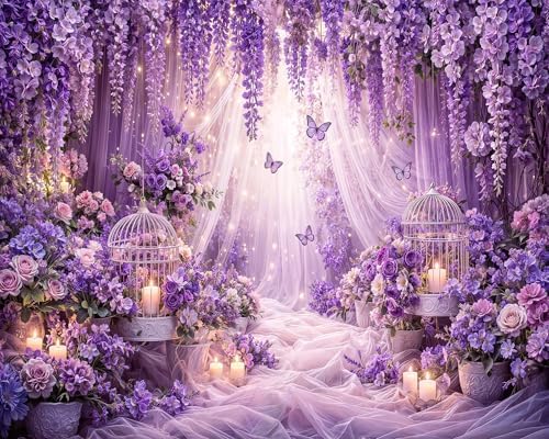15x10ft Purple Butterfly Floral Backdrop for Photography Butterfly Flowers Girls Party Decorations Background Wedding Birthday Baby Shower Party Cake Table Decor Banner Photo Booth Props - Image 3