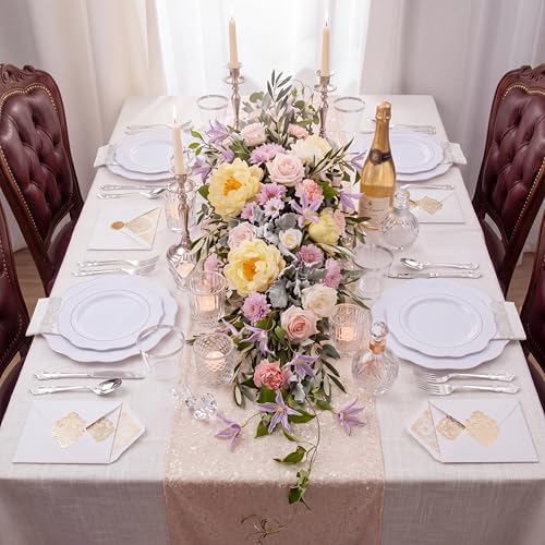NOCCUR 175pcs Silver Plastic Plates - Silver Rim Plastic Tableware Include 25 Dinner/Dessert Plates, 25 Forks, 25 Knives, 25 Spoons for Wedding/Party - Image 6