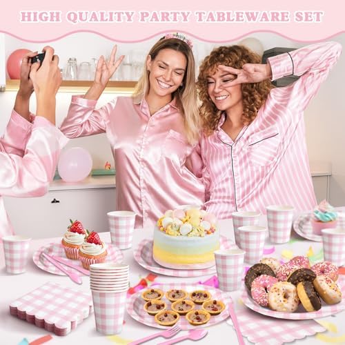 Vyntra 350-Pc Pink Gingham Paper Plates and Napkins Party Supplies - Image 3
