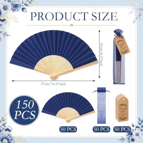 Roowest 50 Pack Paper Folding Fans Bamboo Wedding Favors, Navy Blue - Image 2